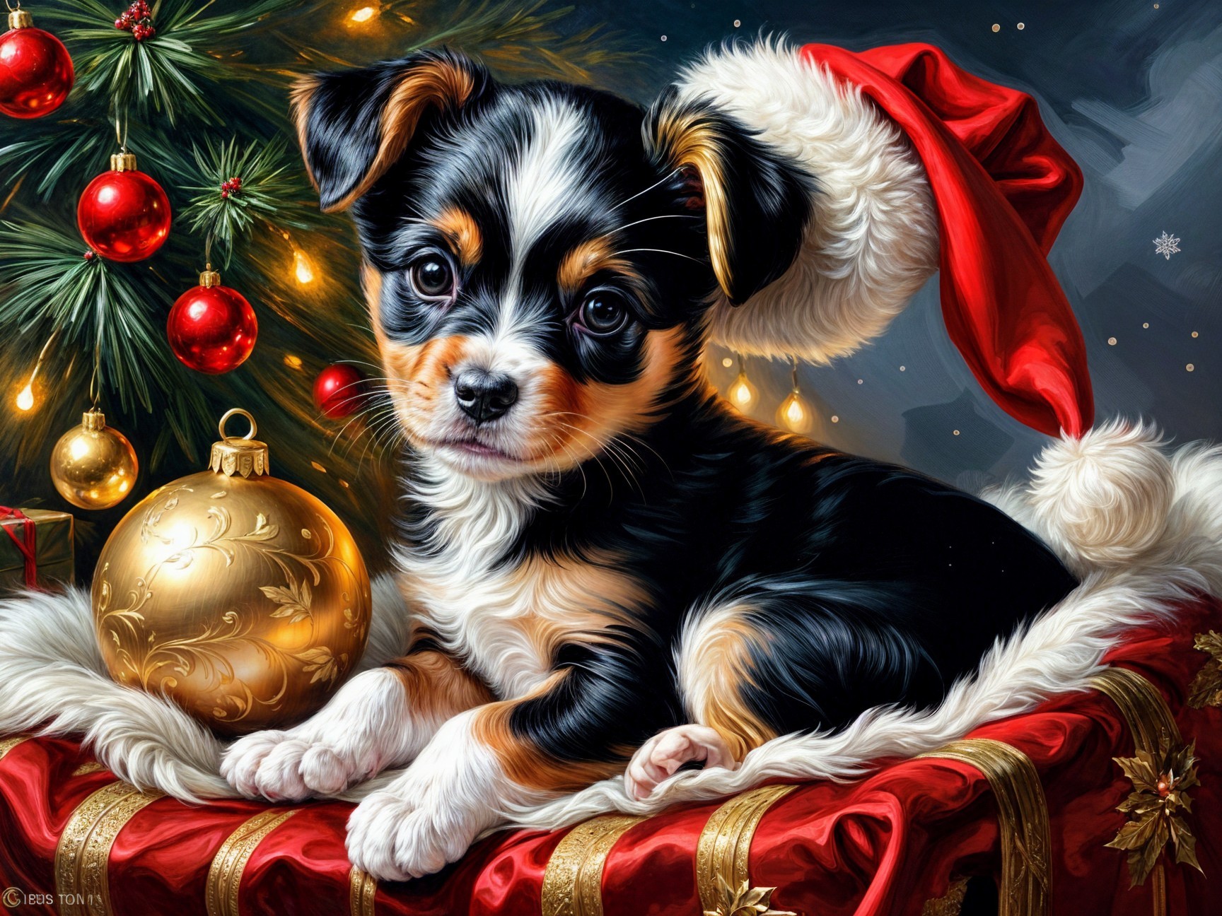 Puppy in Santa Hat on Red Blanket with Holiday Decor