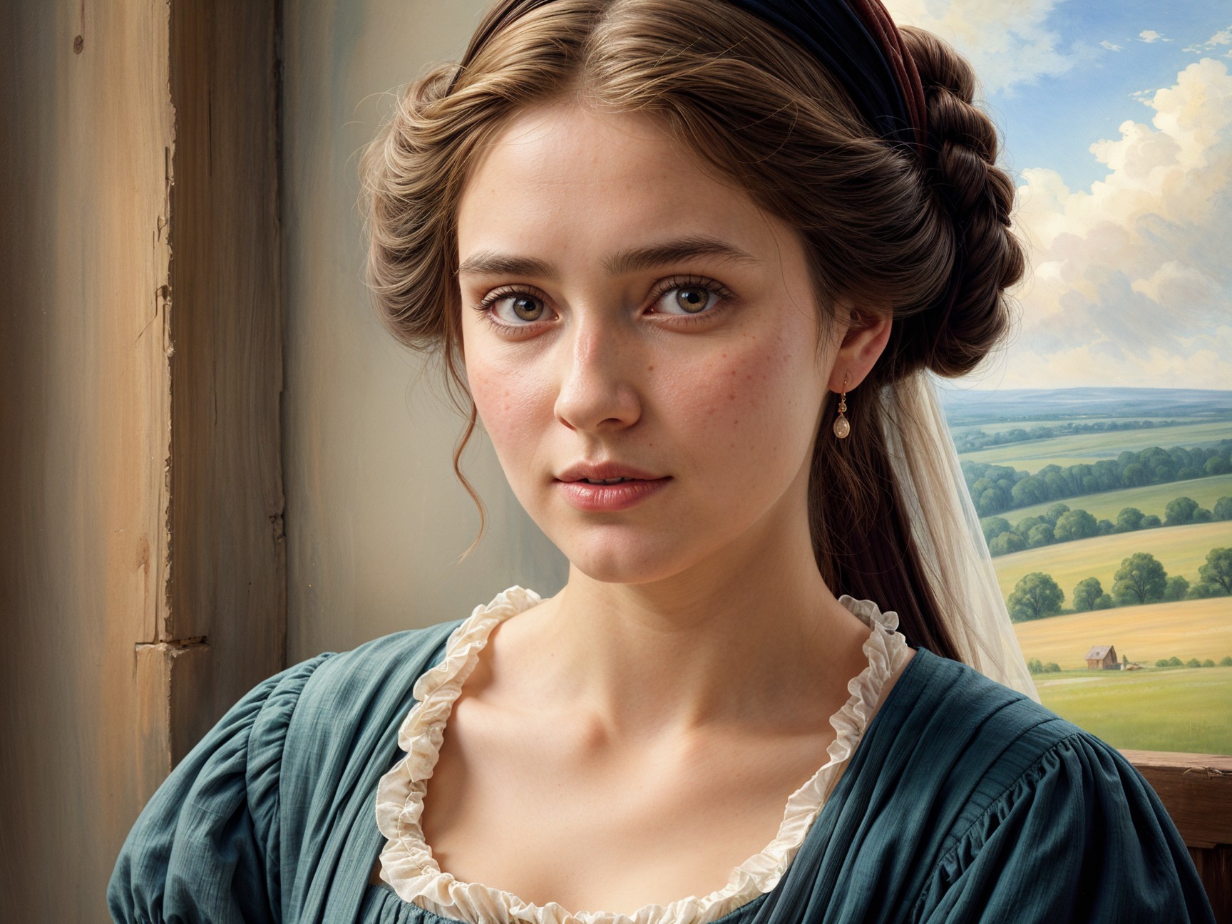 Young Woman in Historical Dress by Rustic Window