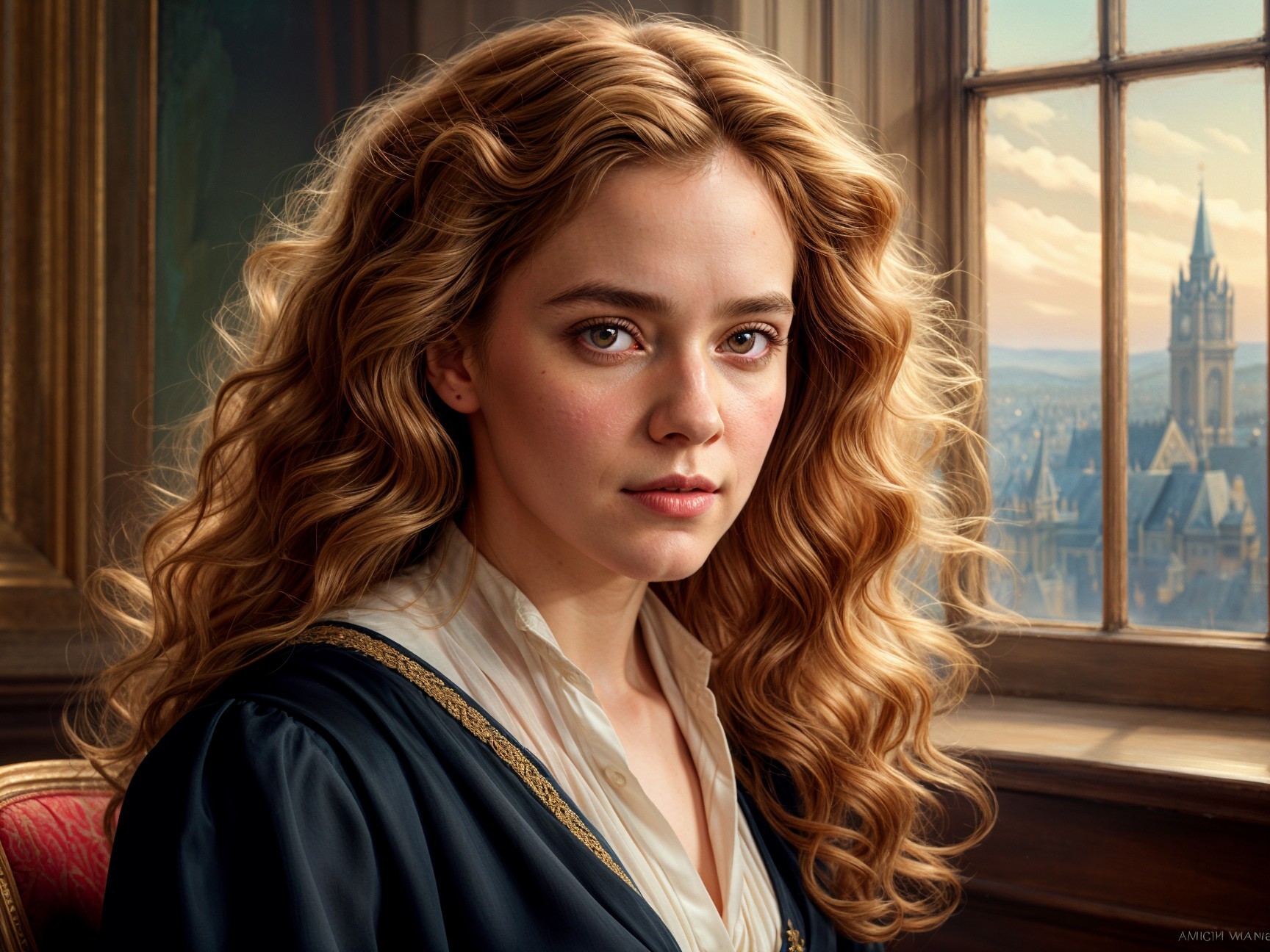 Young Woman in Elegant Outfit by Cityscape Window