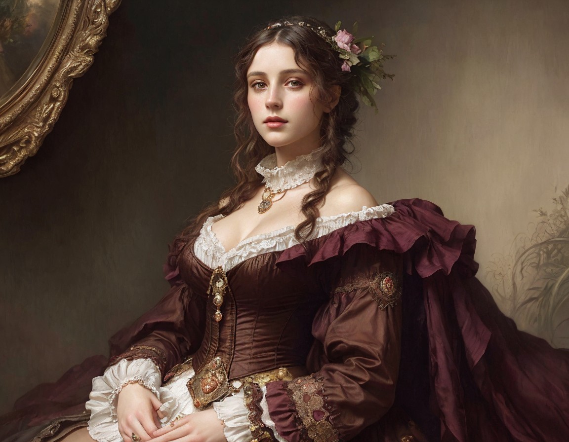 18th-Century Woman in Burgundy Gown with Lace Collar