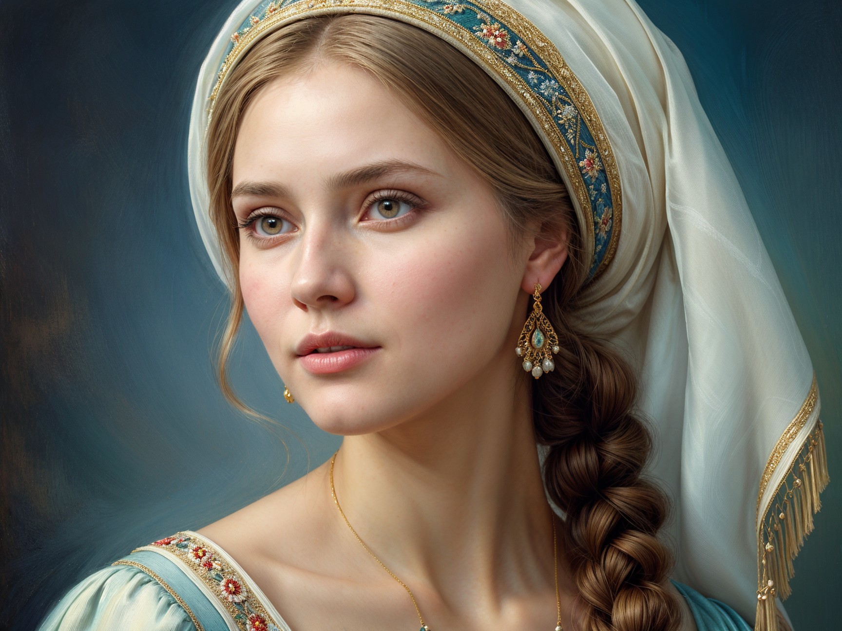 Young woman in historical attire with intricate details