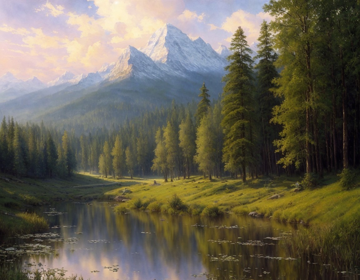 Tranquil landscape with tall forest trees, calm river, snow-capped mountain