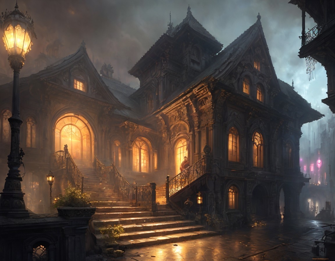 Ornate mansion with warm light in misty atmosphere
