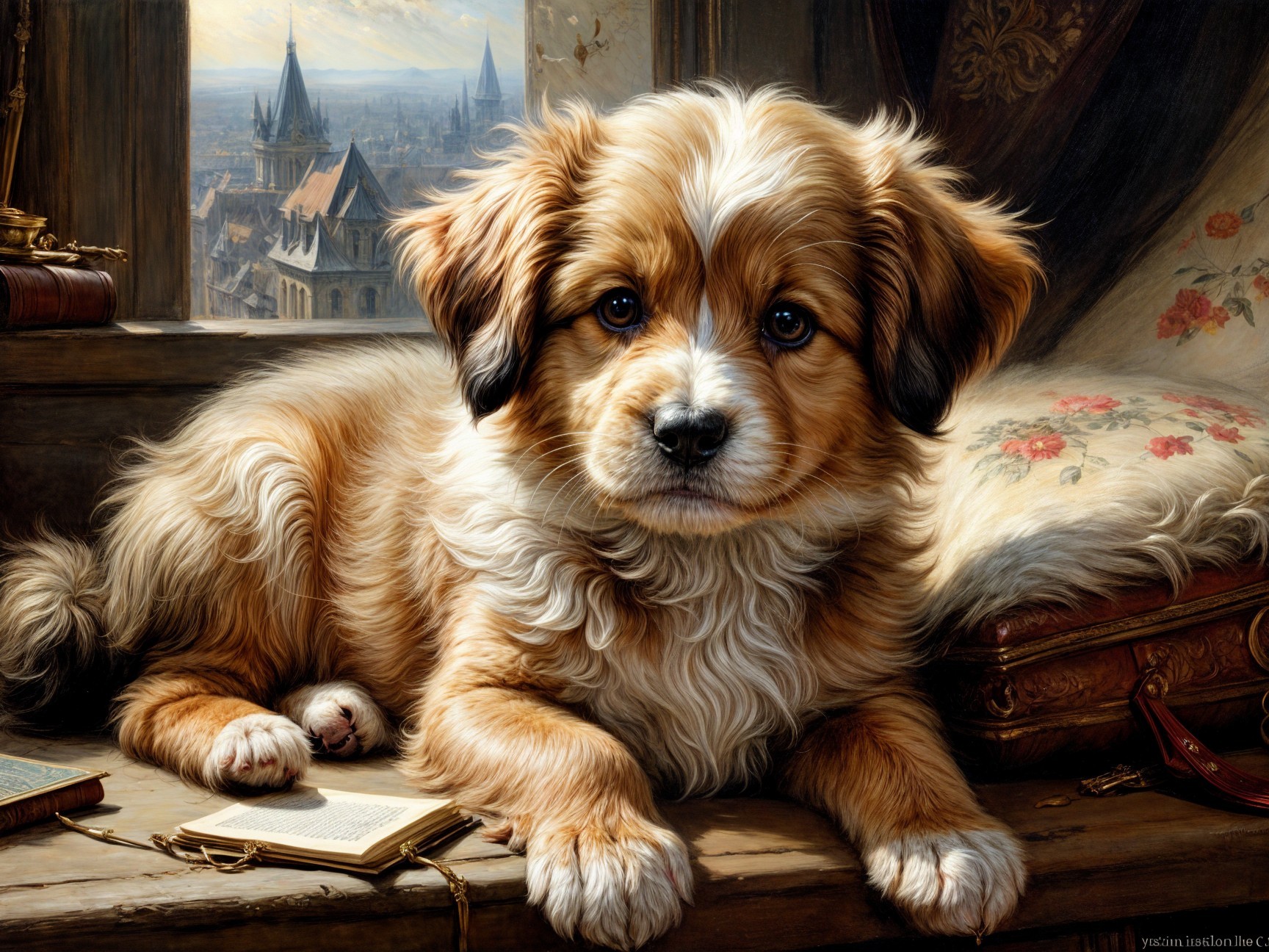 Fluffy golden-brown puppy on a cozy window seat