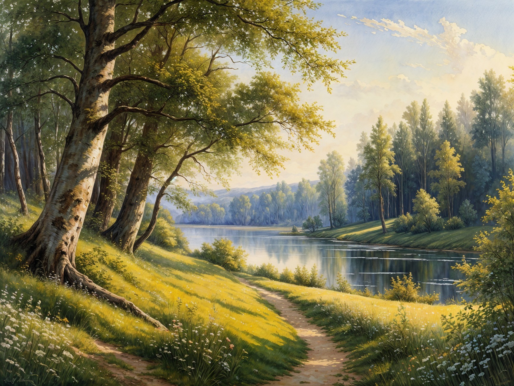 Tranquil River Landscape with Lush Greenery and Sky