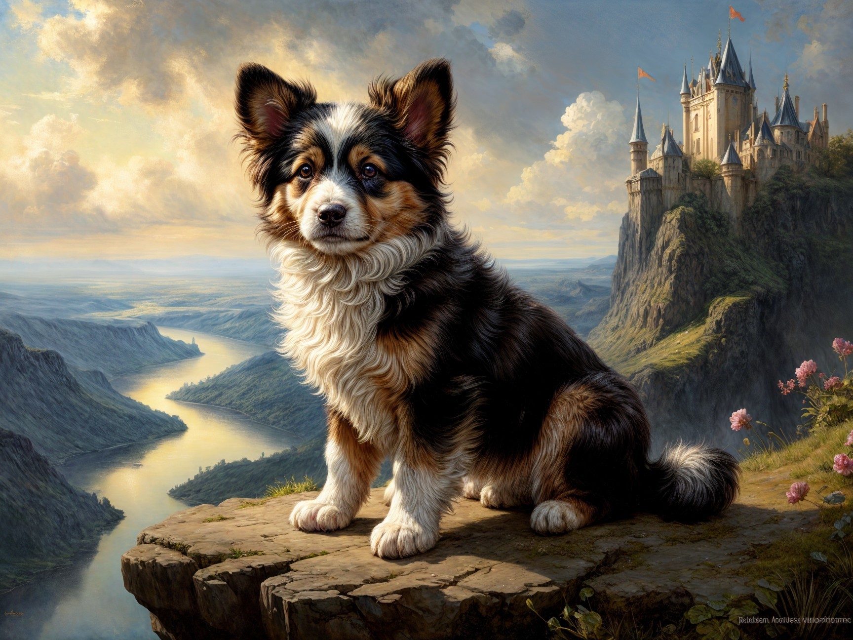 Fluffy Tri-Colored Dog Overlooking River and Castle