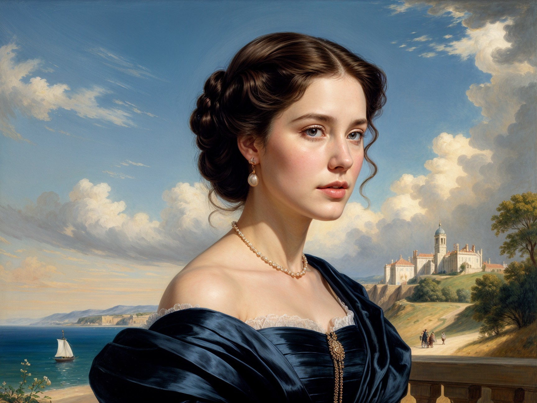 Portrait of a Young Woman in a Blue Gown with Landscape