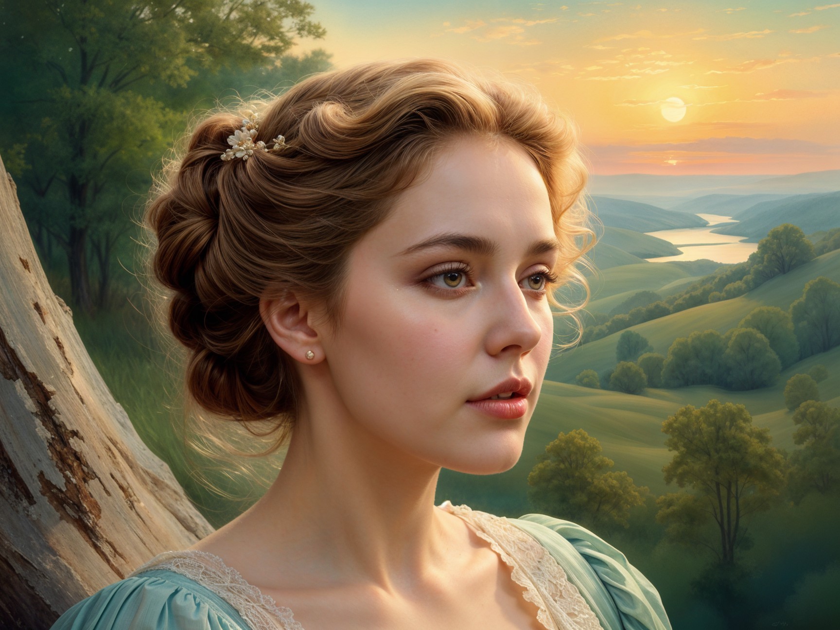 Young woman in blue dress by tranquil sunset landscape