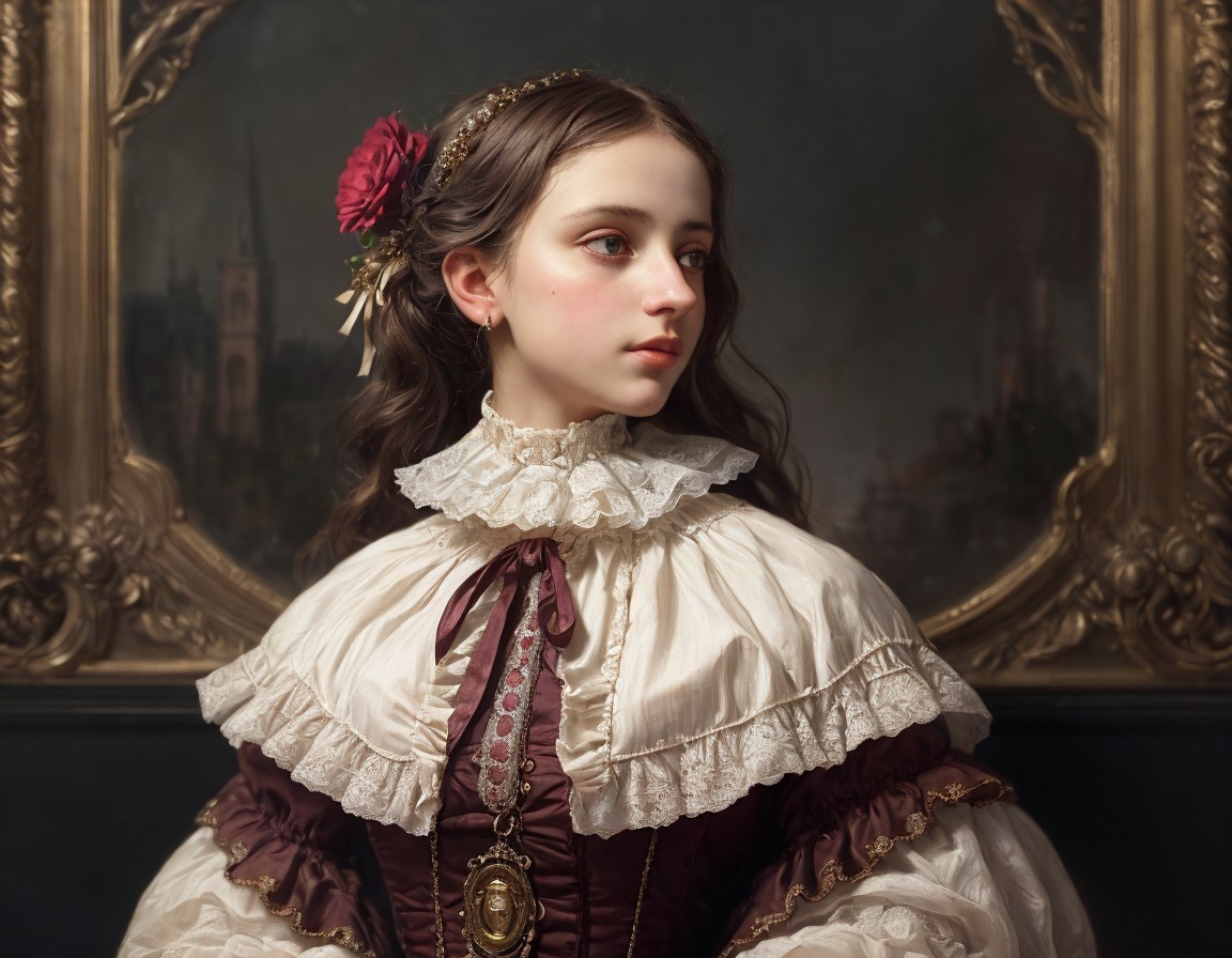 Elegant Historical Dress with Red Flower Accent