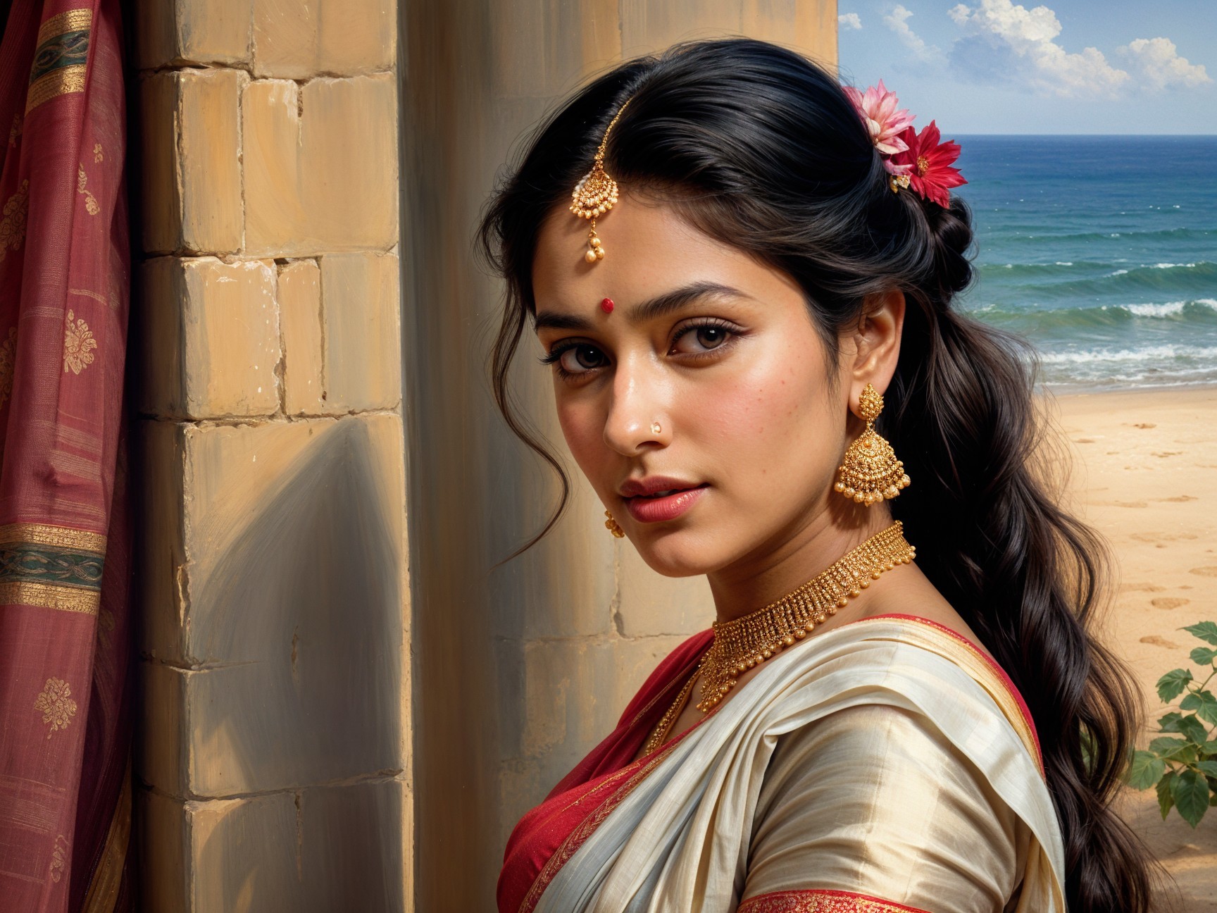Woman in saree by window with beach backdrop