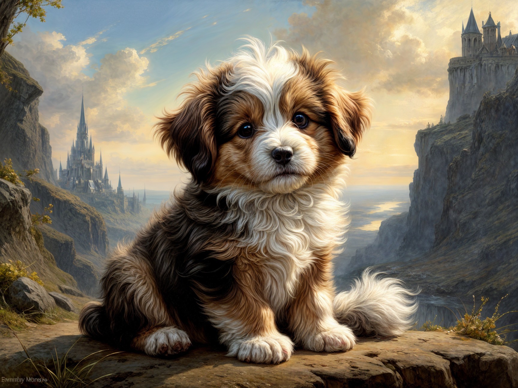 Tri-colored puppy on rocky ledge with castle backdrop