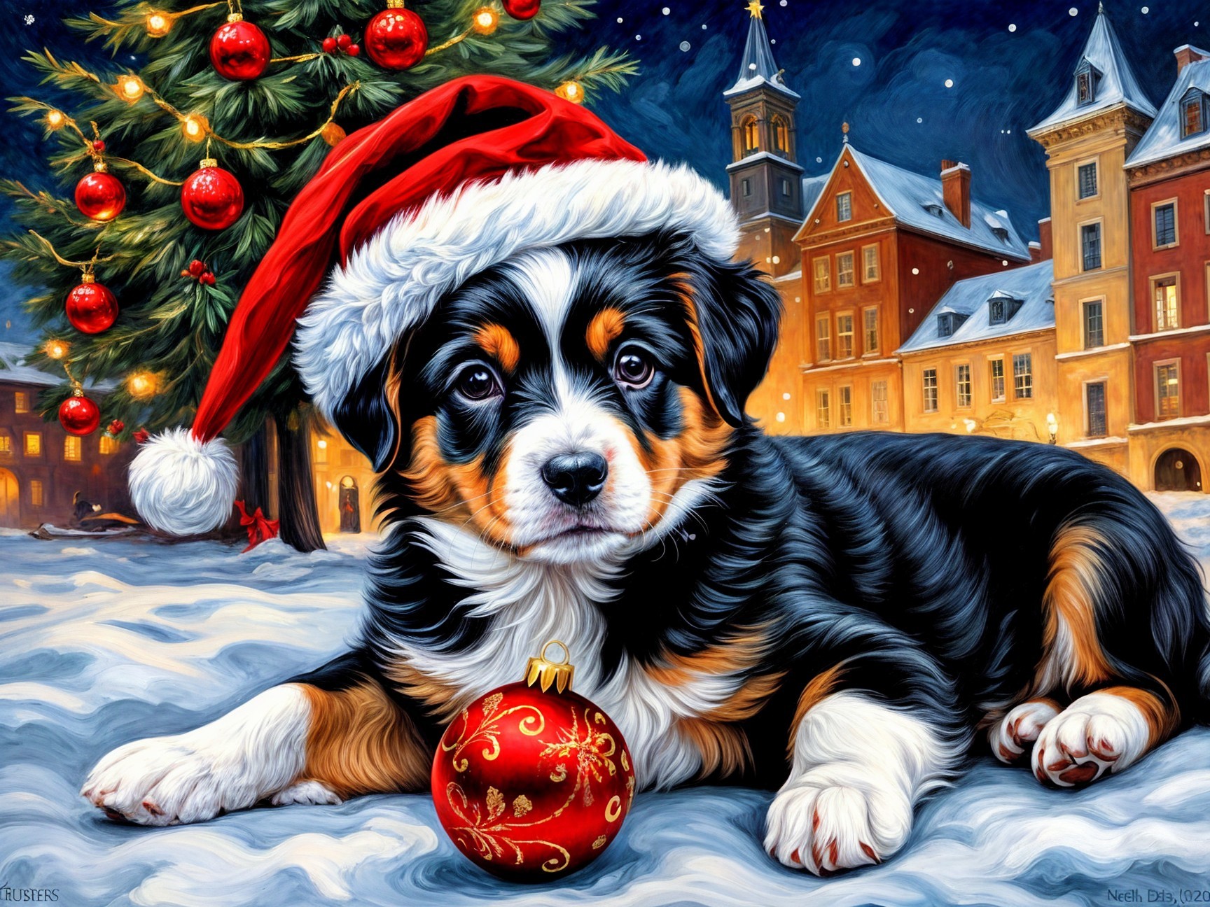 Puppy in Santa Hat Amidst Christmas Decorations