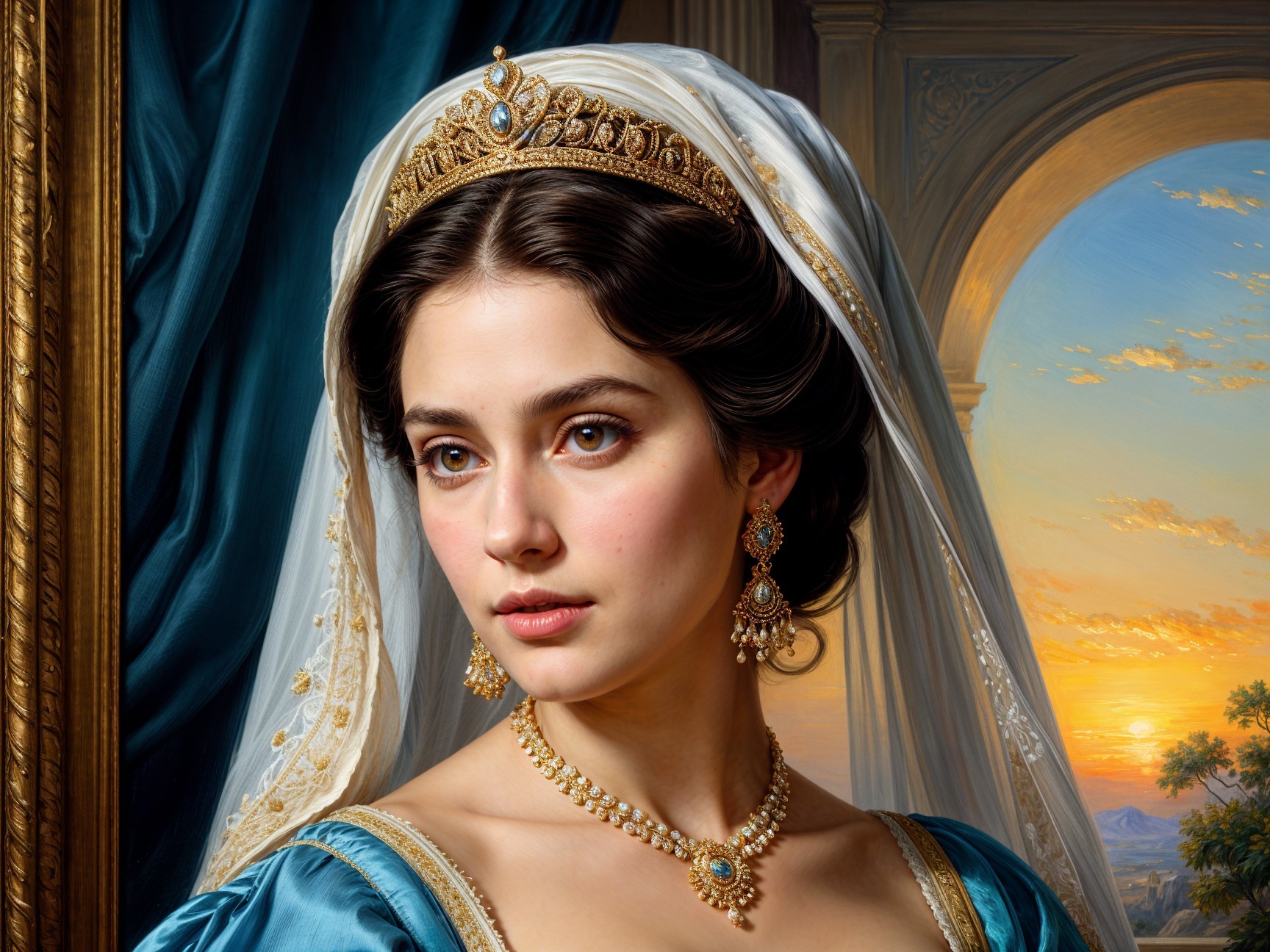 Young woman in blue gown with tiara at sunset