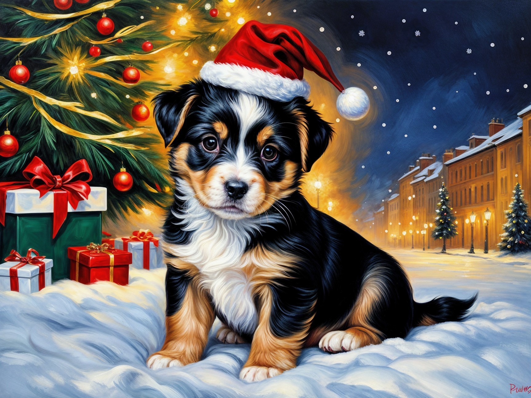 Puppy in Santa Hat with Christmas Tree and Gifts