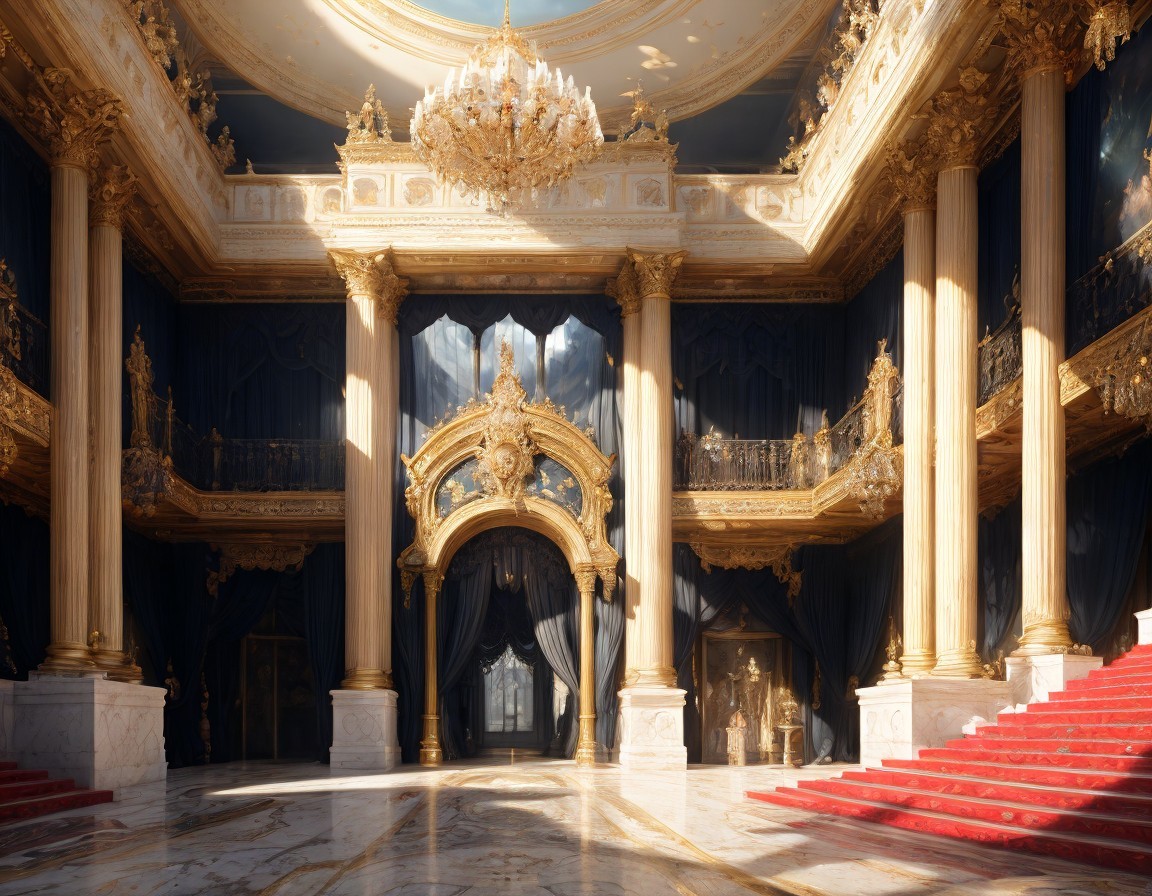 Opulent Hall with Marble Floors and Grand Staircase