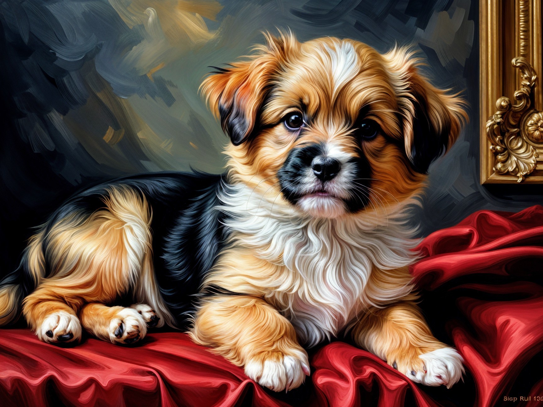 Charming Fluffy Puppy on Rich Red Drapery