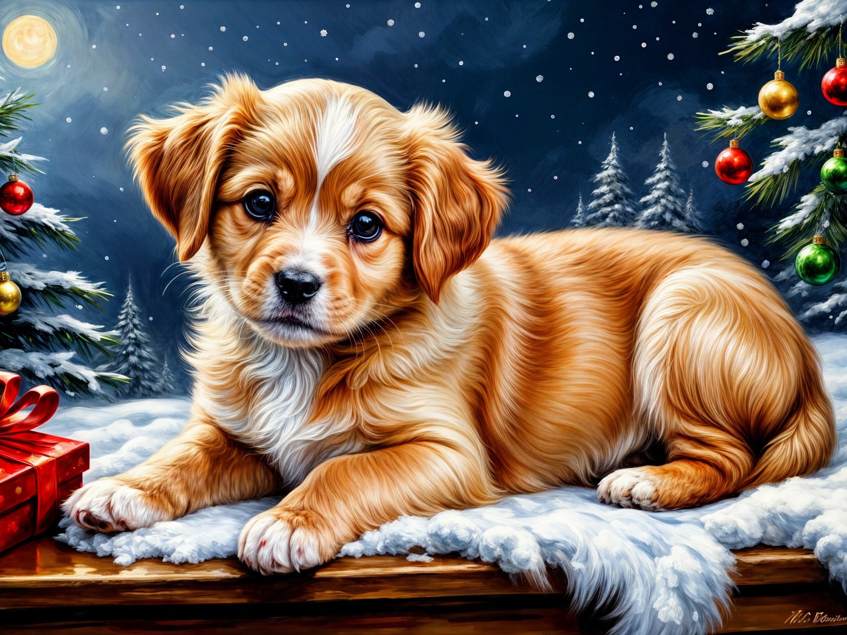 Fluffy Golden-Brown Puppy in Snowy Holiday Setting