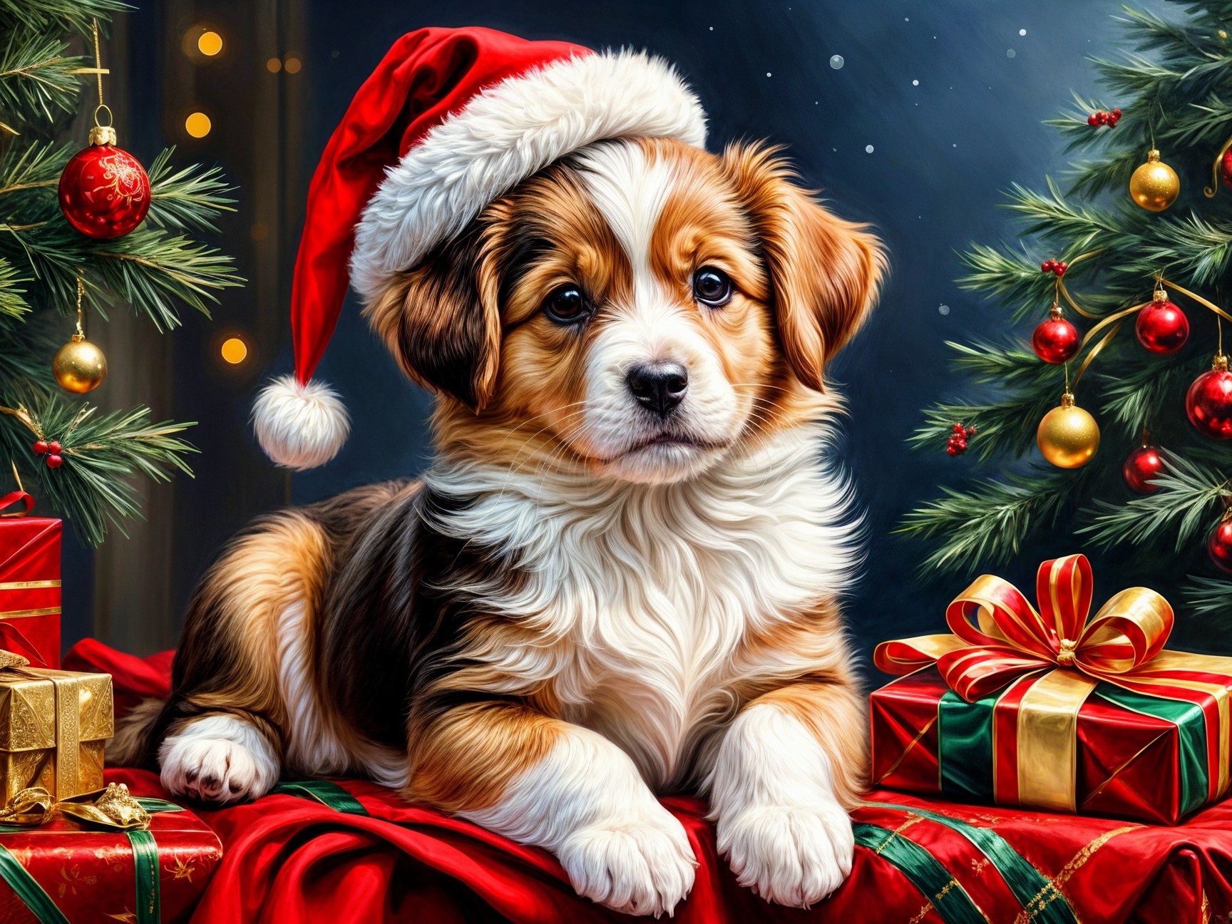 Puppy in Santa Hat Surrounded by Christmas Decor