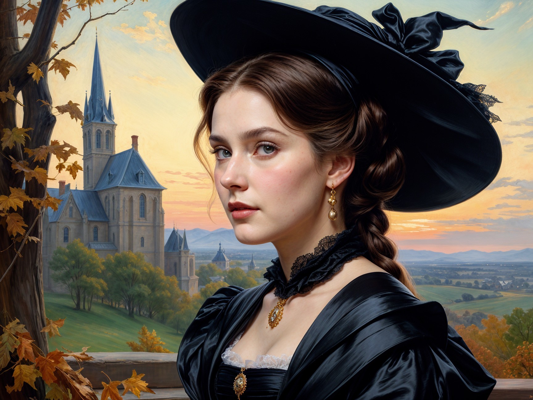 Young woman in black dress against sunset landscape
