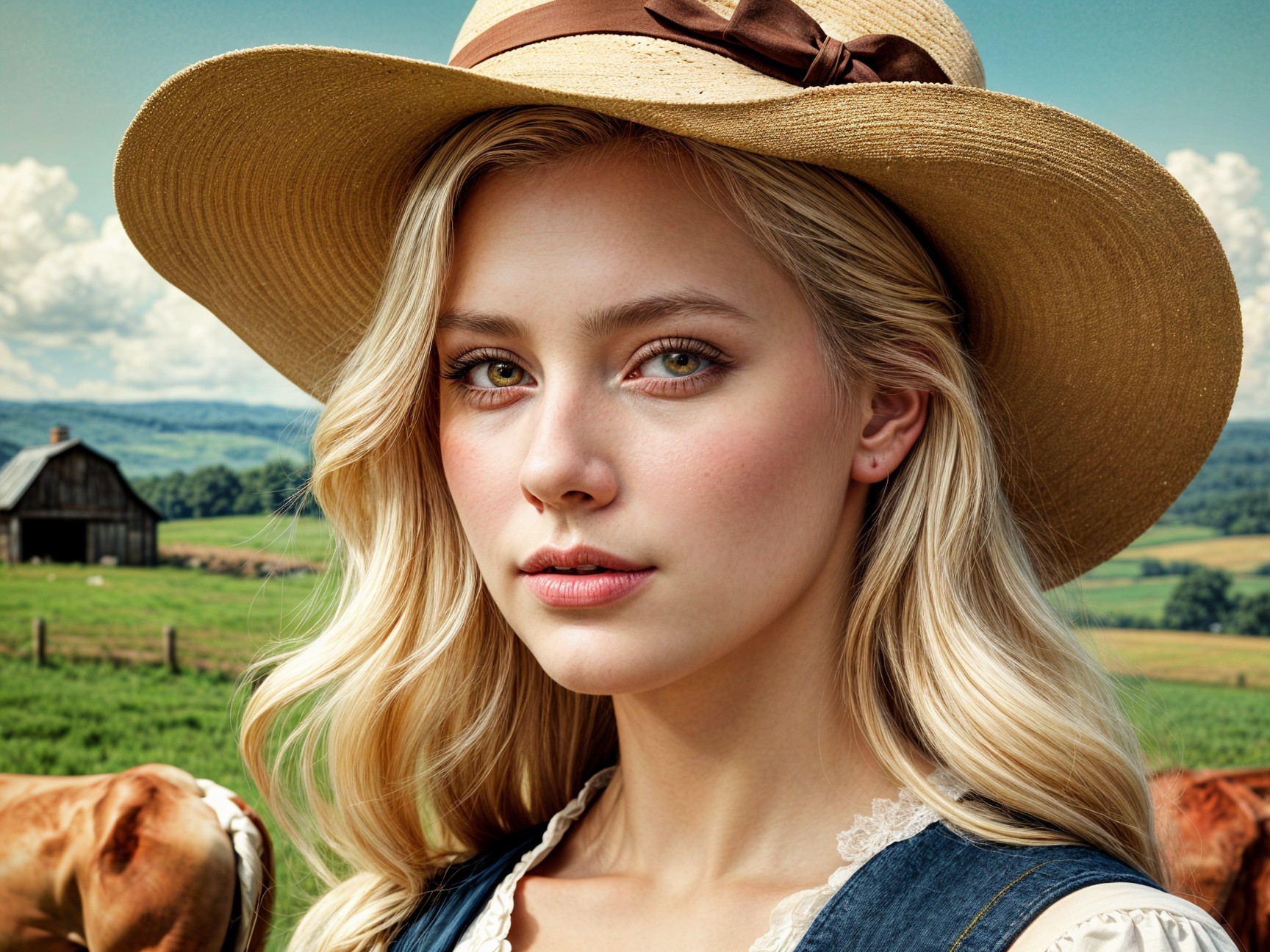 Young woman in vintage dress in rural landscape