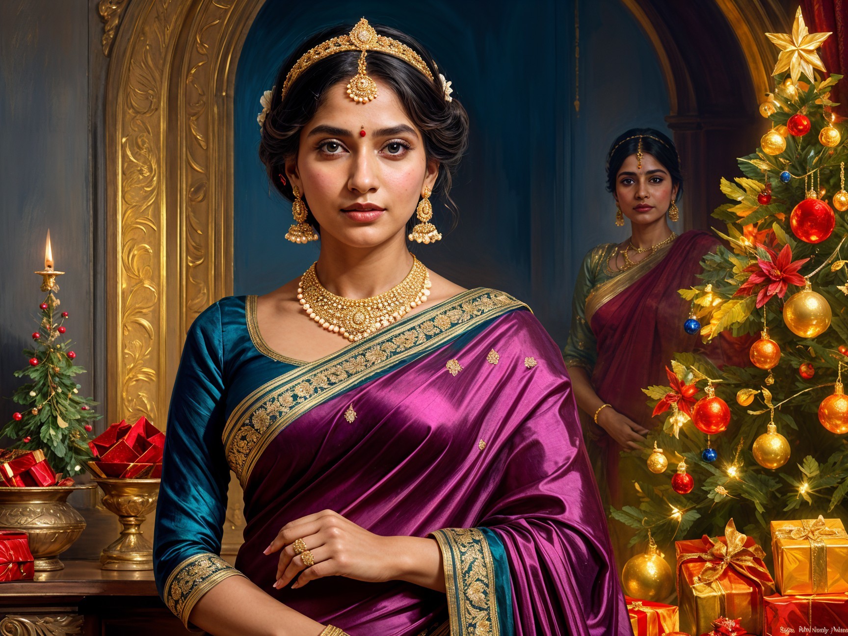 Traditional Woman in Purple Saree with Holiday Decor