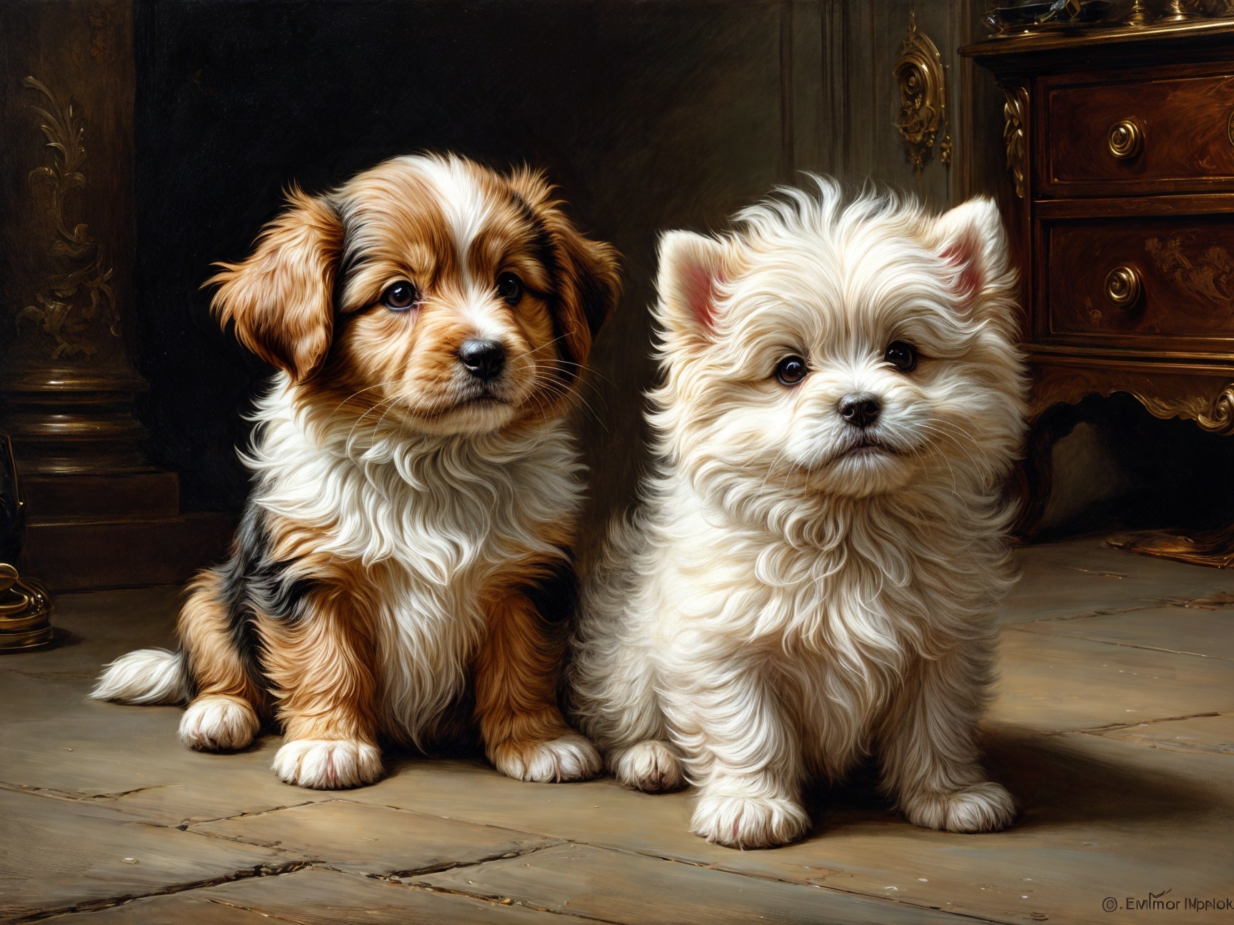 Puppies on Wooden Floor in Ornate Room Setting