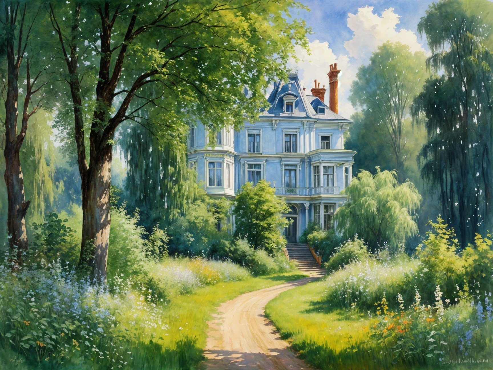 Victorian Mansion Surrounded by Lush Greenery and Wildflowers