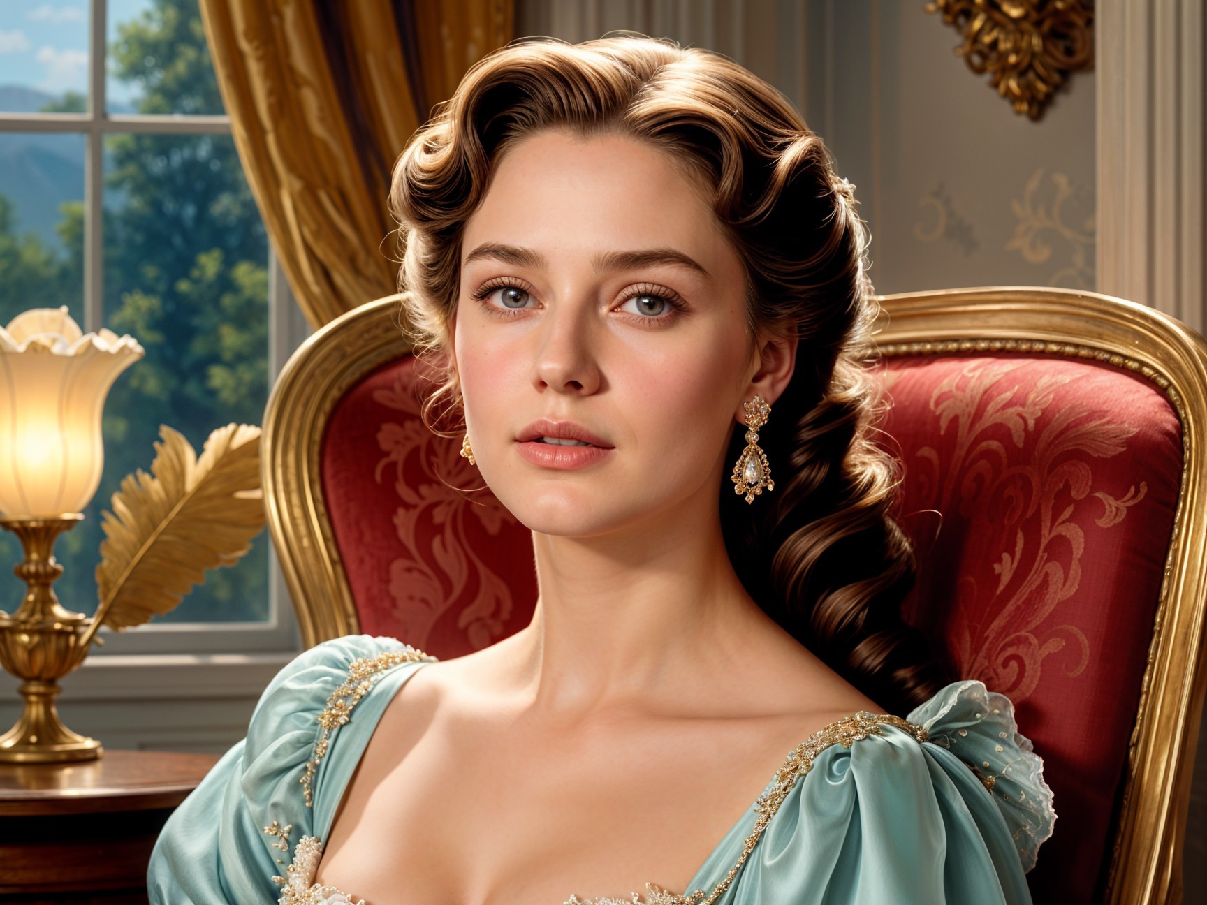 Elegant Woman in Light Blue Gown in Luxurious Setting