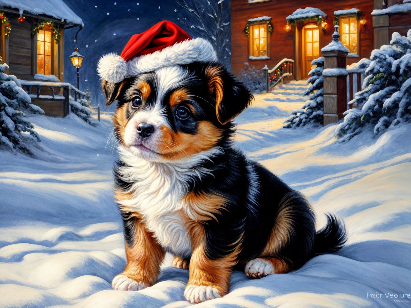 Fluffy Puppy in Snowy Landscape with Santa Hat
