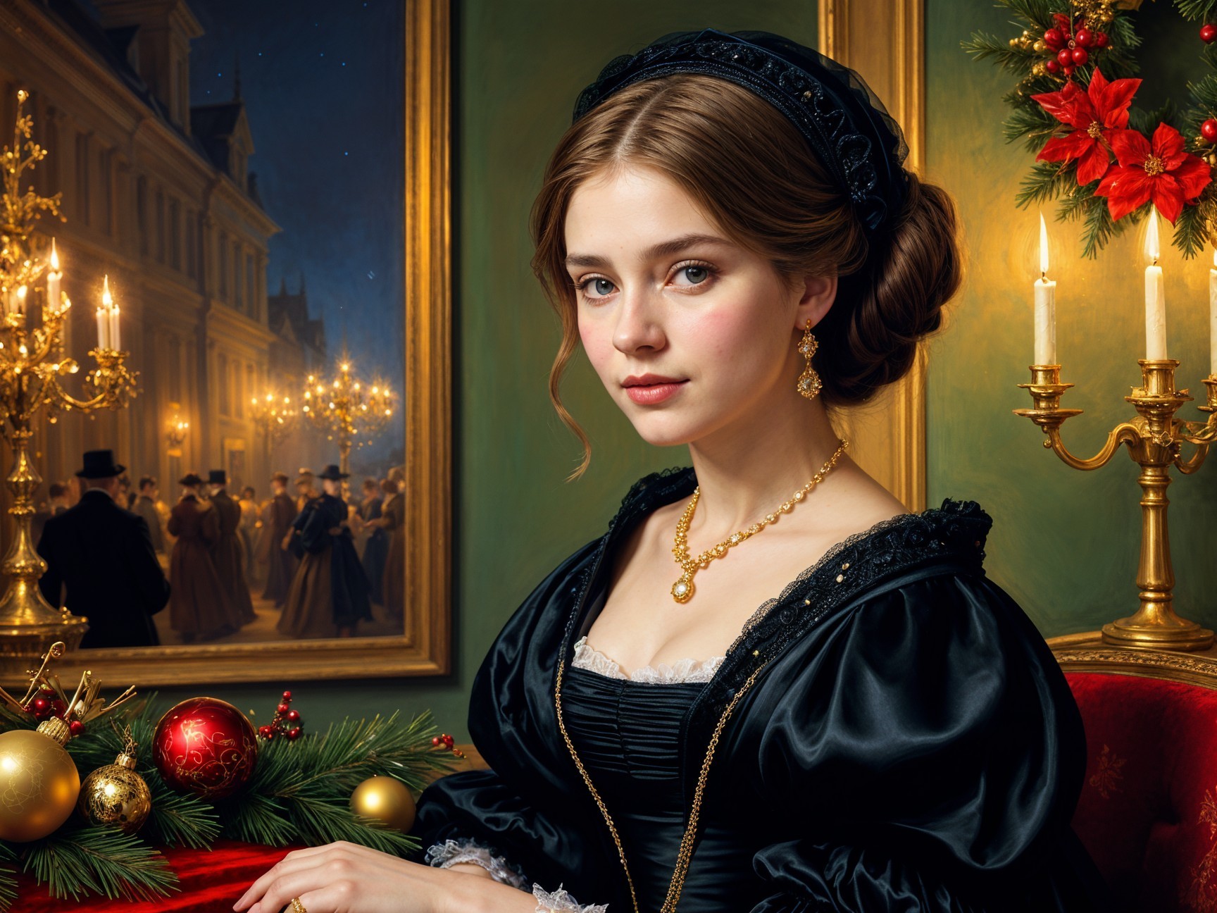 19th-Century Woman in Elegant Black Gown and Decor