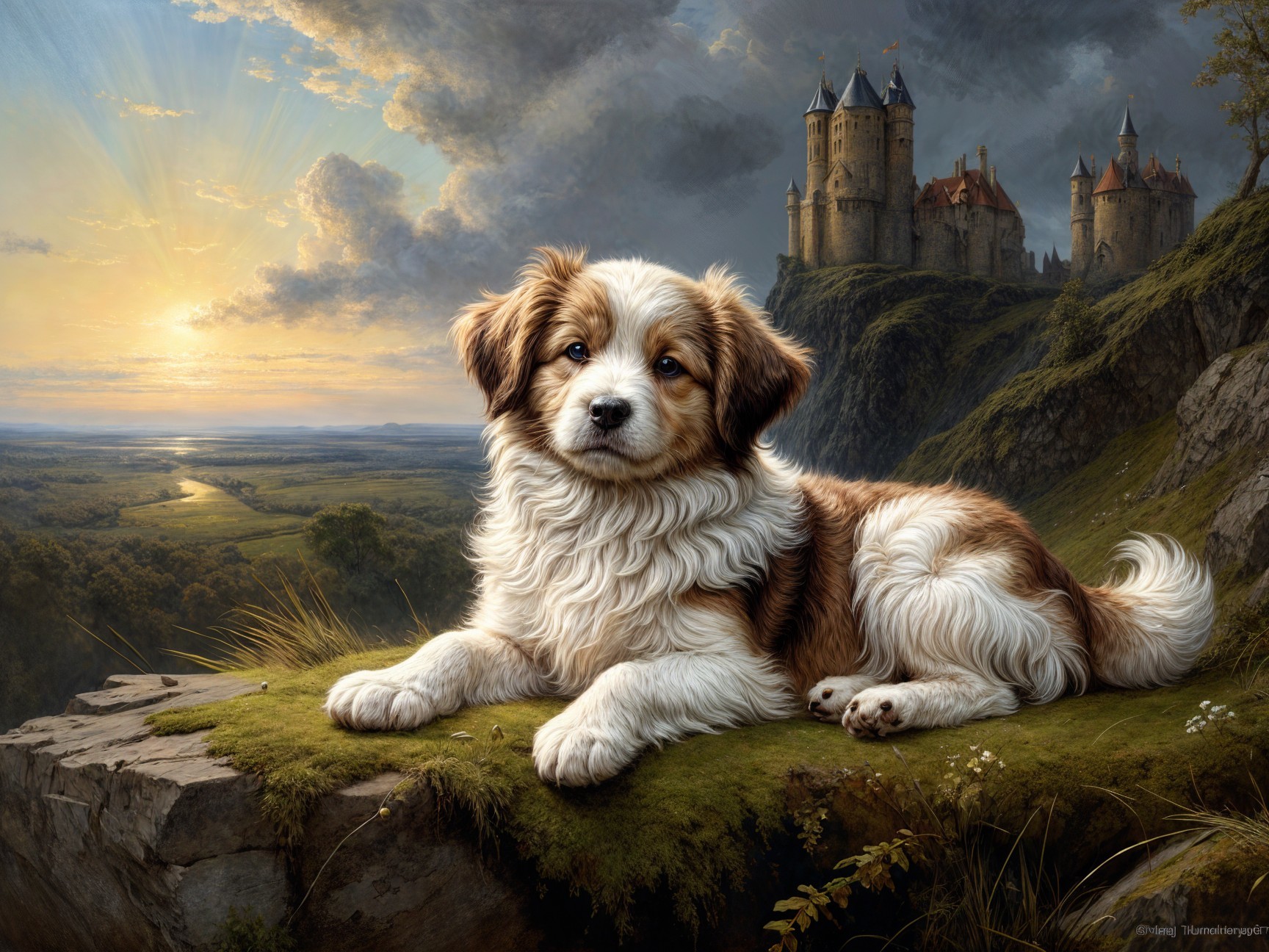 Fluffy Dog on Rocky Ledge with Castle and Sunset Background