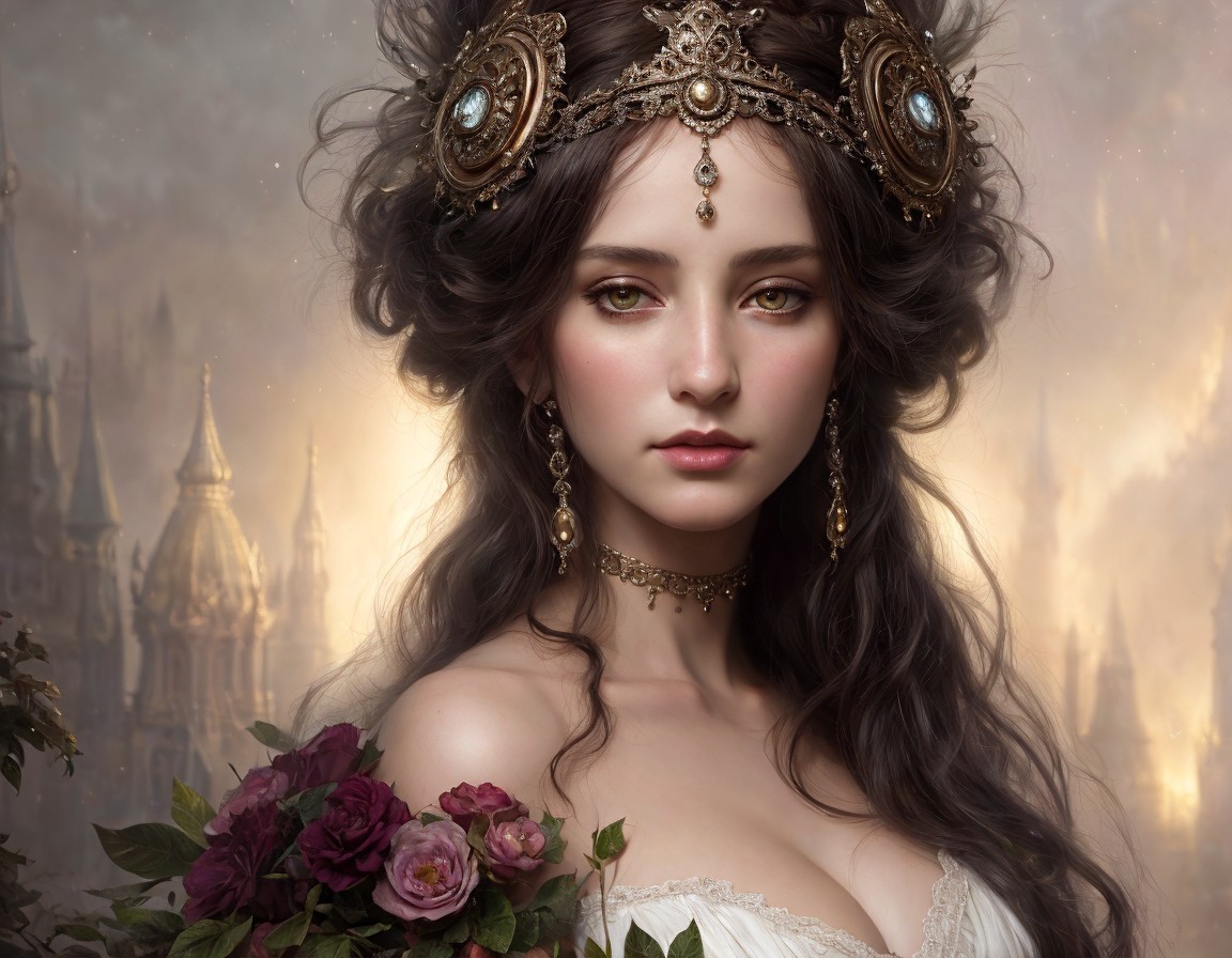 Digital portrait of woman with ornate headwear and roses against castle backdrop
