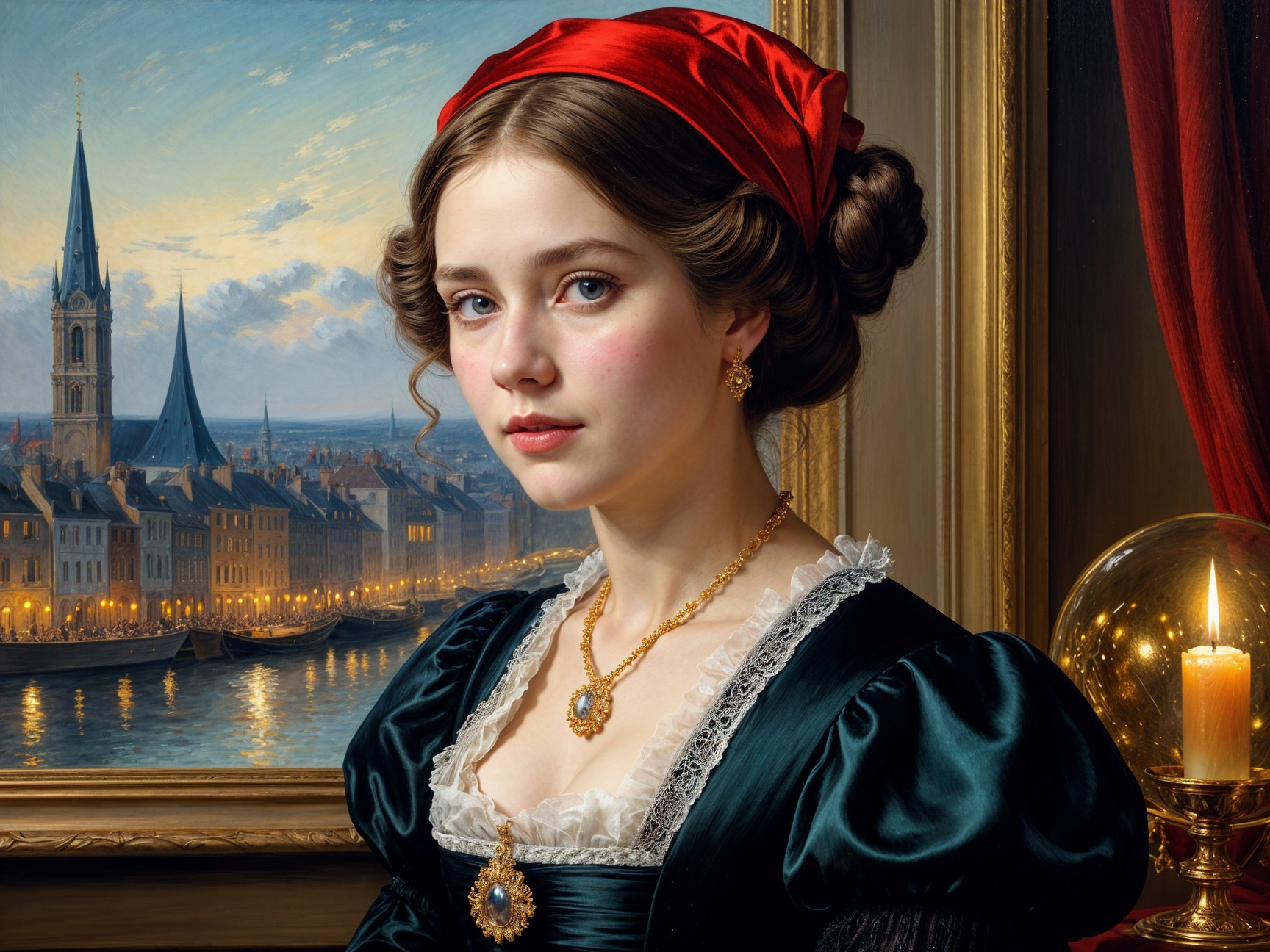 Young Woman in Green Gown with City Skyline Background