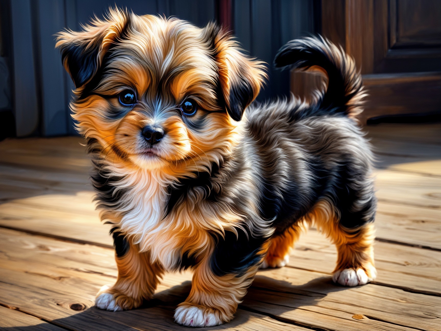 Fluffy Orange and Black Puppy on Wooden Floor
