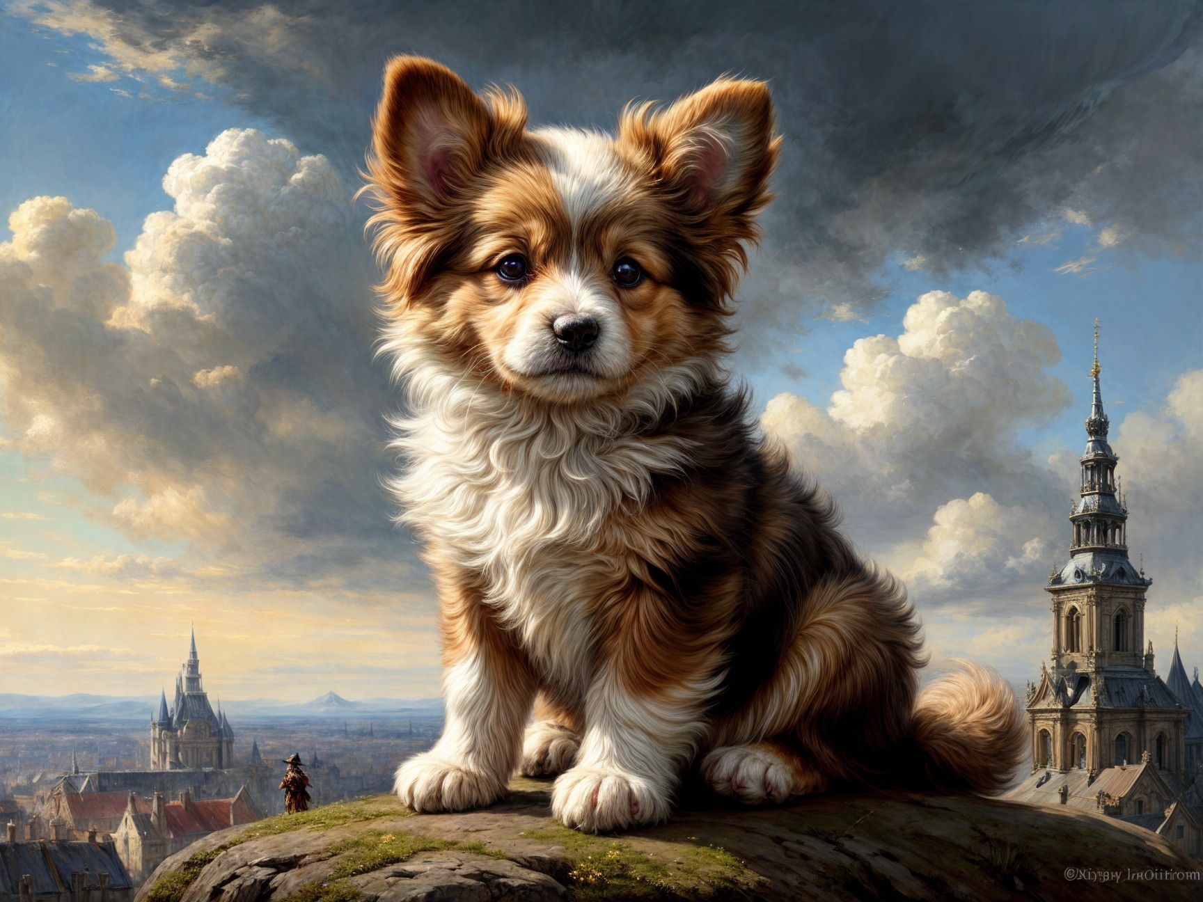 Fluffy Puppy on Rocky Ledge with Scenic Background
