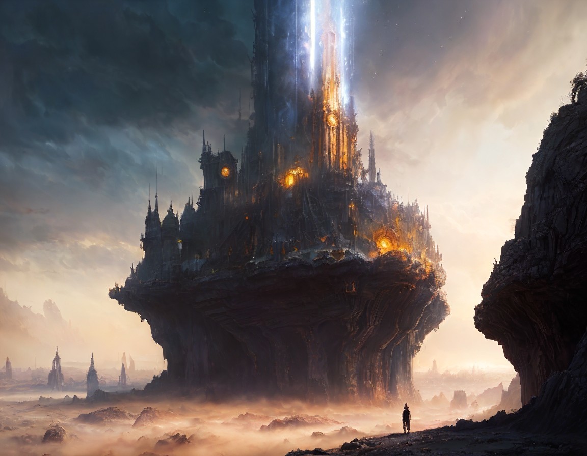 Lone Figure Before Colossal Floating Rock Structure
