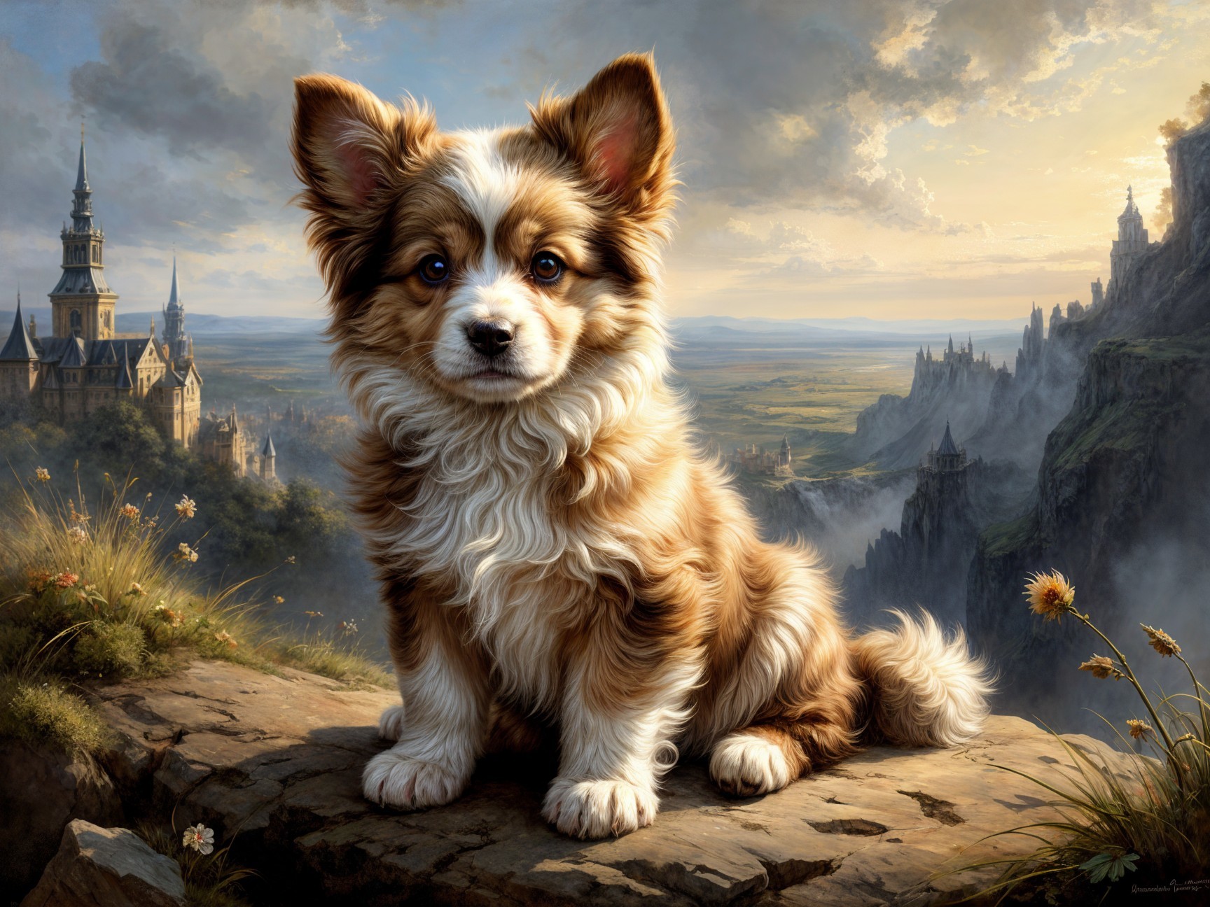 Corgi Puppy on Rocky Ledge with Scenic Landscape
