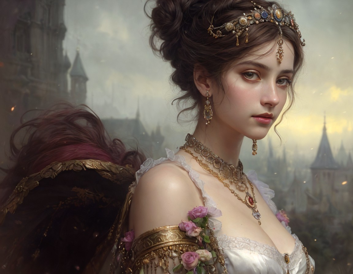 Young woman with elaborate hairstyle and rose dress in front of fantasy castle
