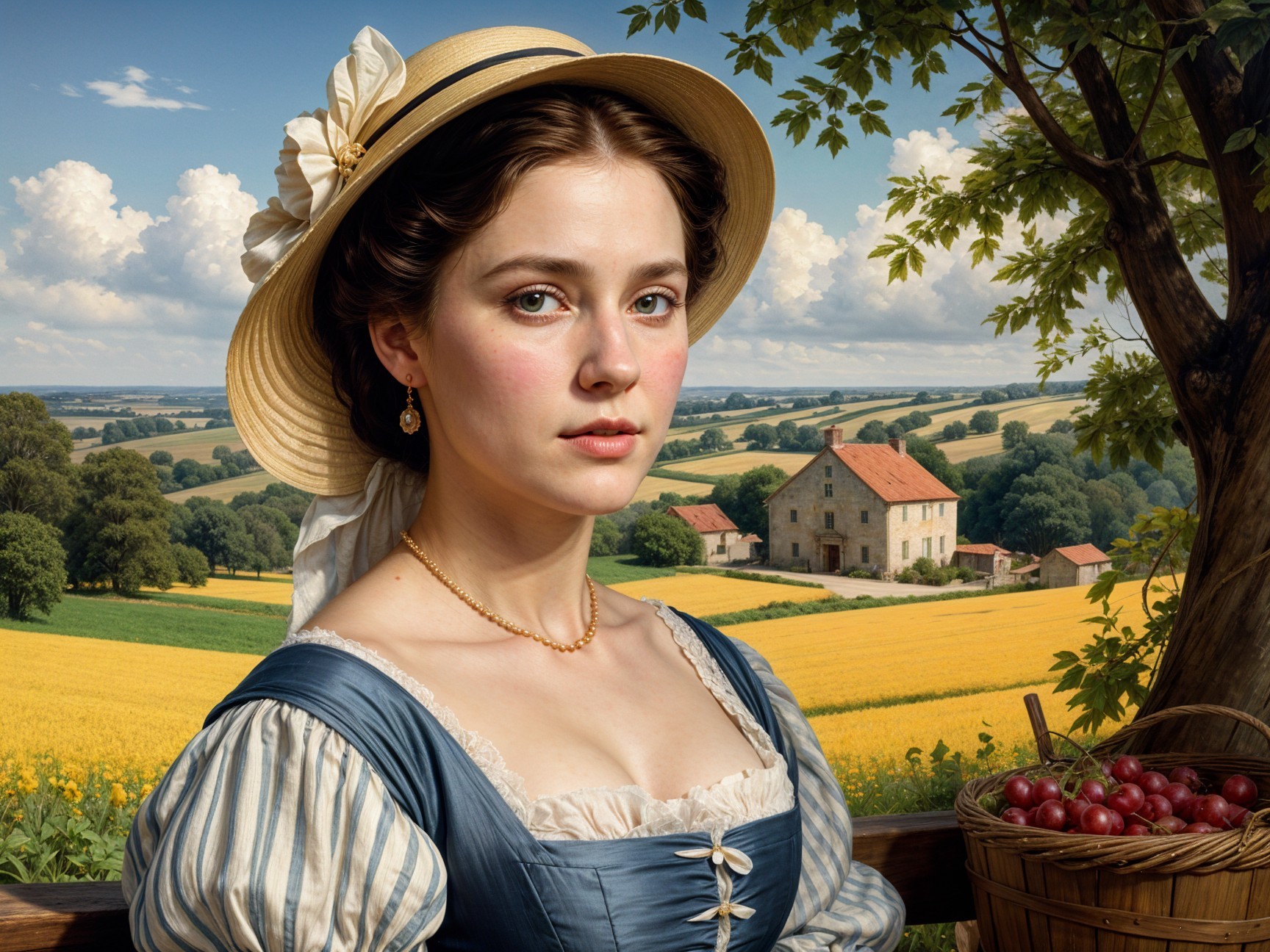 Young Woman in Straw Hat Amidst Rural Landscape