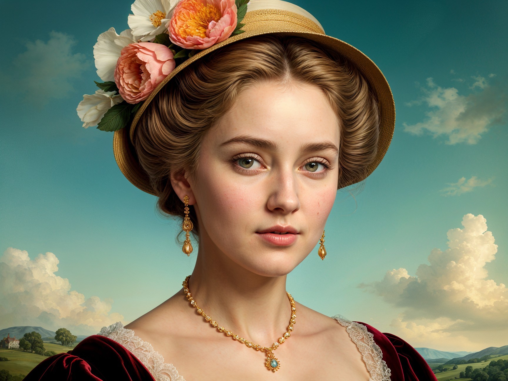 Young woman in vintage dress with serene expression