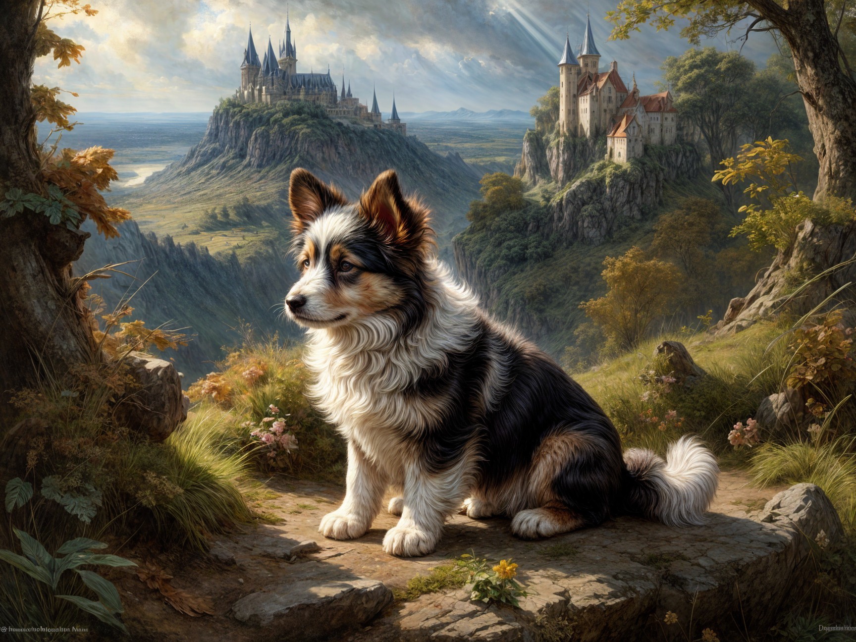 Regal Dog on Rocky Outcrop with Enchanting Landscape