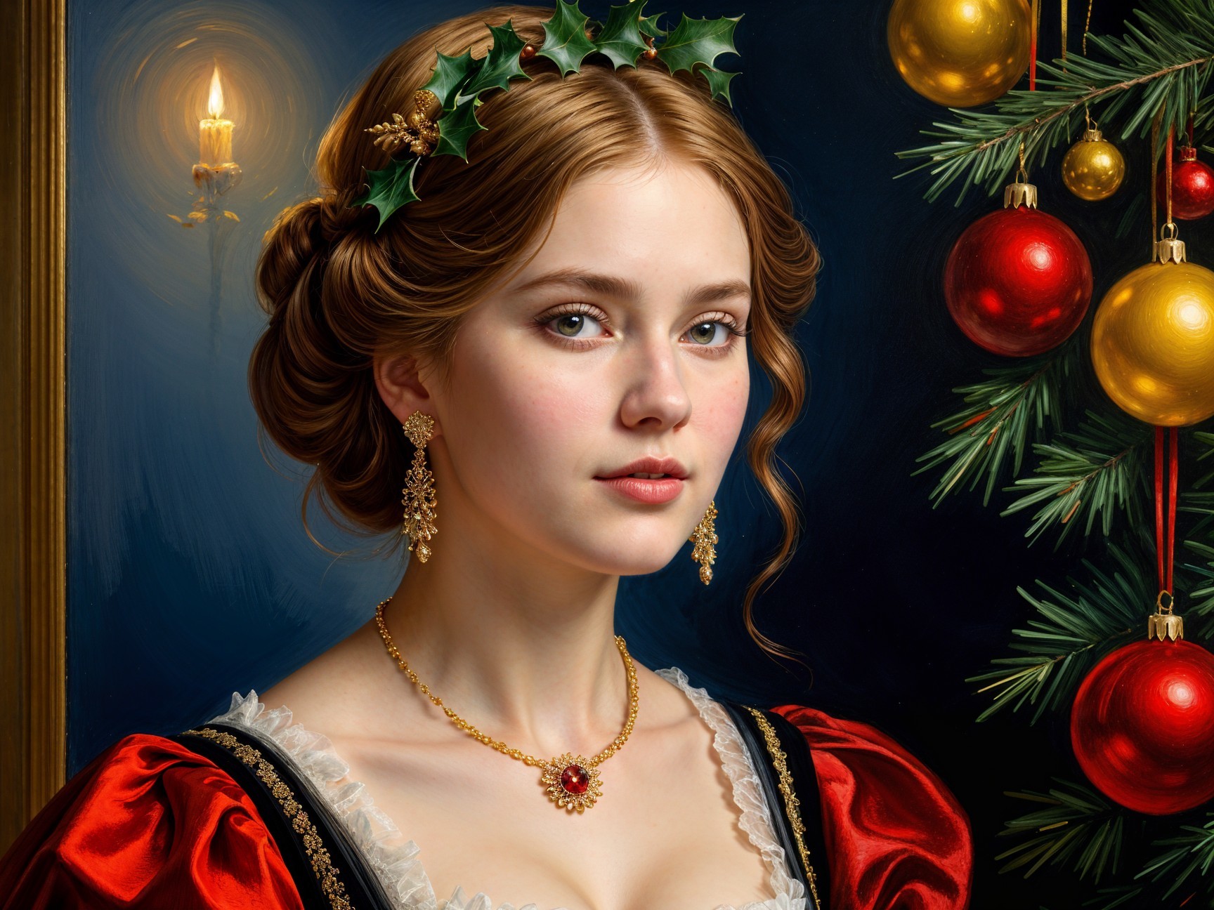 Young Woman in Red Dress with Holiday Decorations