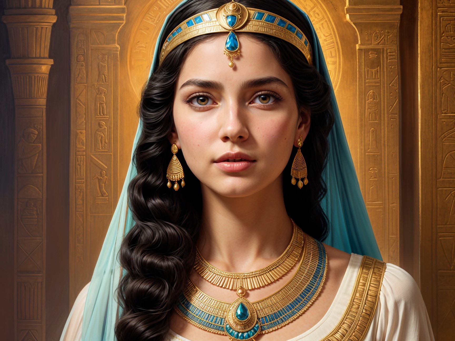 Young woman in white with gold jewelry and Egyptian backdrop