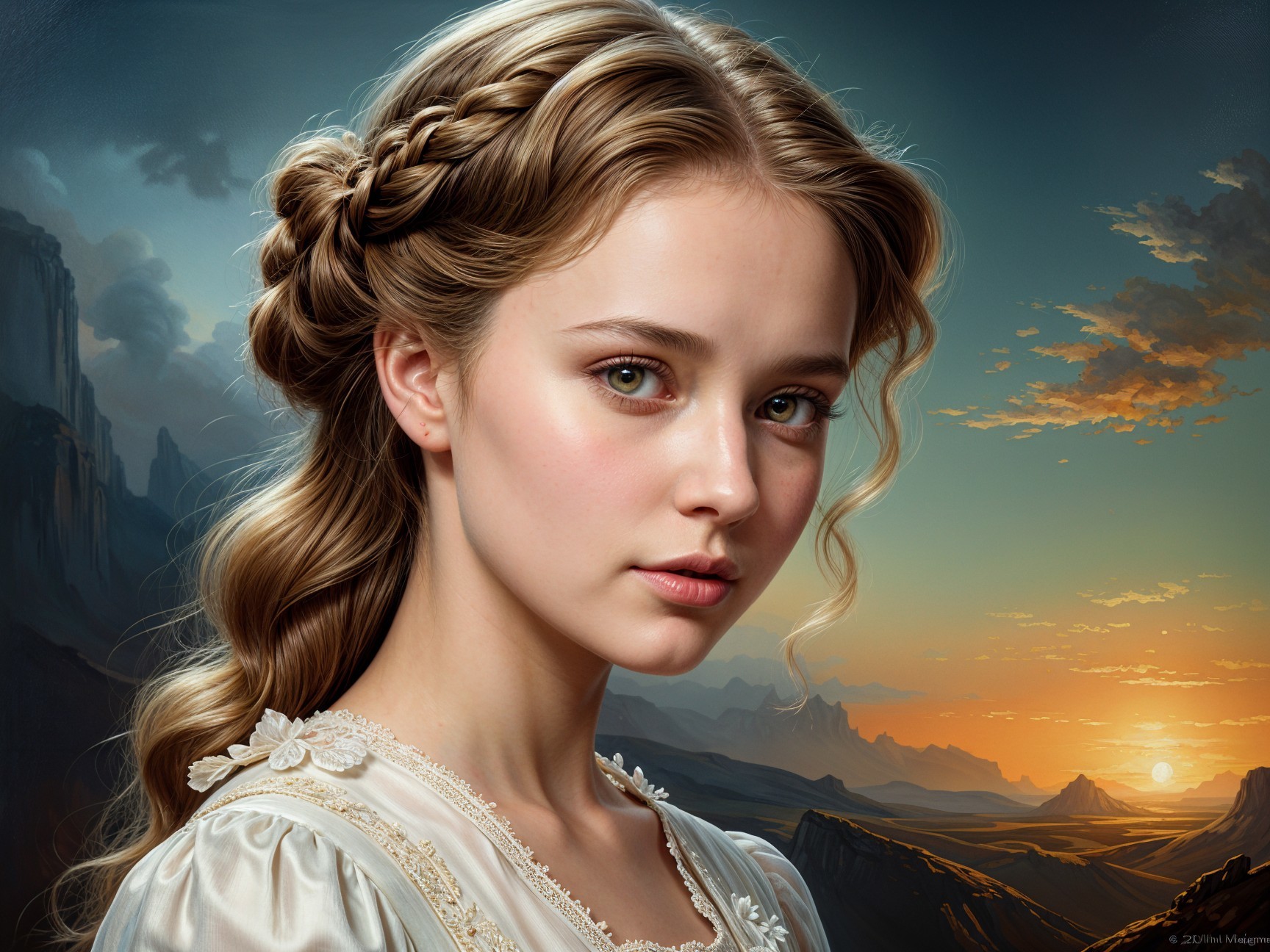 Young girl with braided hair at sunset in mountains