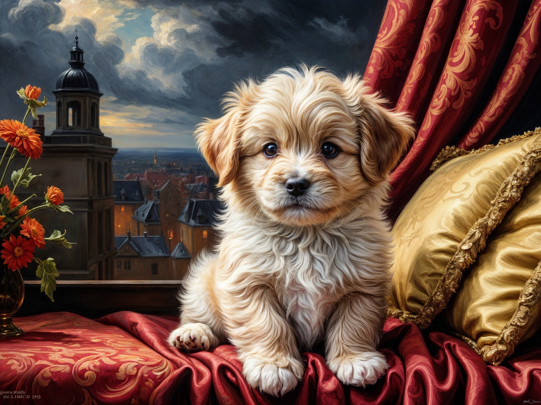 Fluffy Puppy on Plush Cushion with City Skyline View