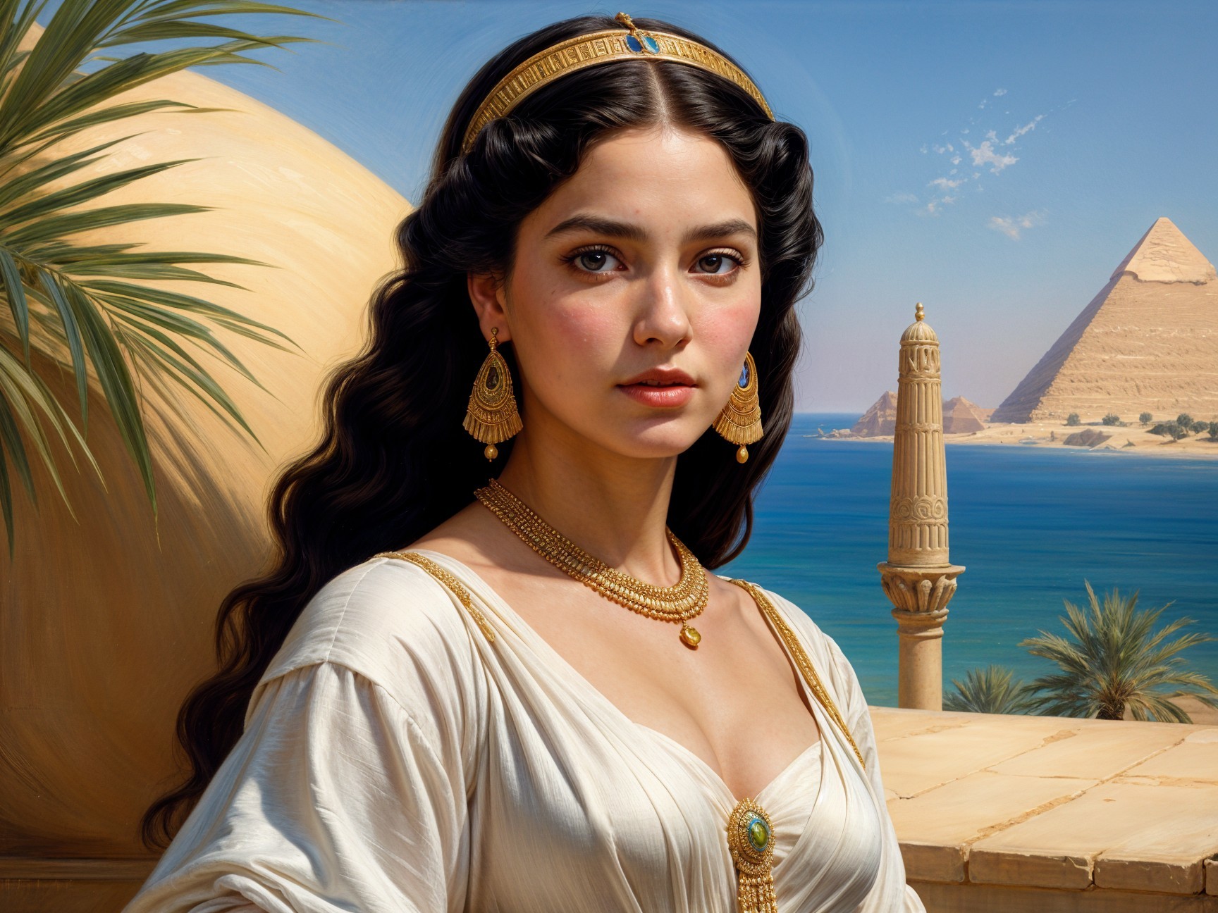 Young Woman in White Gown by Egyptian Pyramids