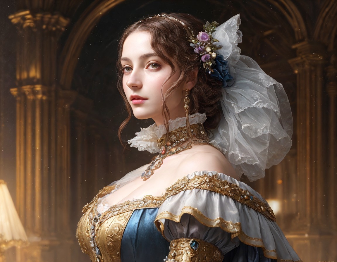 Elegant Woman in Blue and Gold Dress in Grand Hall