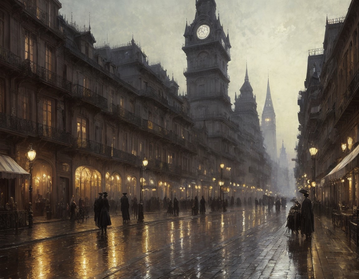 Pedestrians on wet cobblestone street with vintage buildings and clock tower