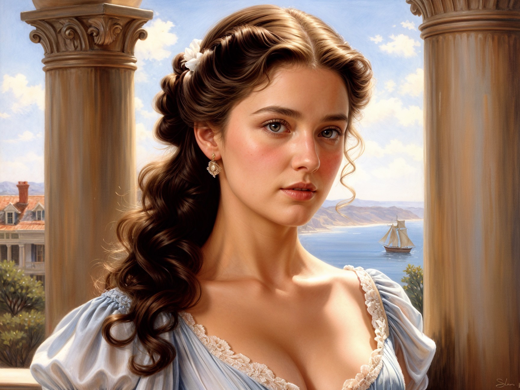 Serene Young Woman in Light Blue Dress by Seascape