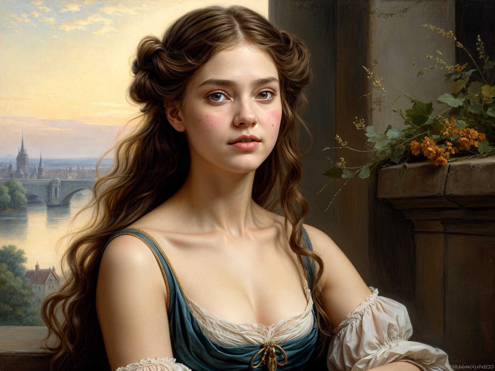 Young Woman in Historical Blue Dress by Serene Landscape